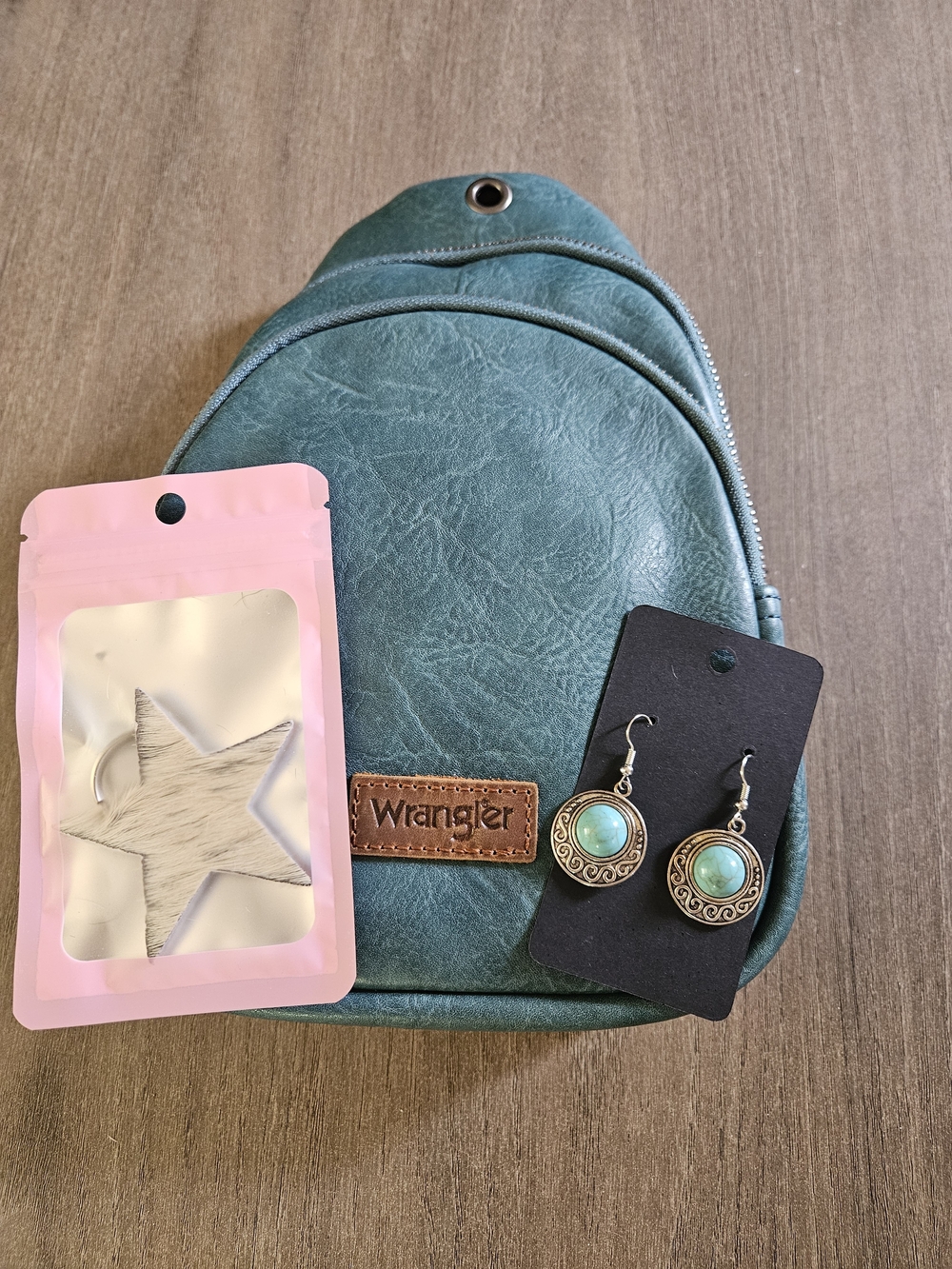 Wrangler Teal Sling Bag/ Crossbody/ Chest Bag With Fashion Earrings And Keychain
